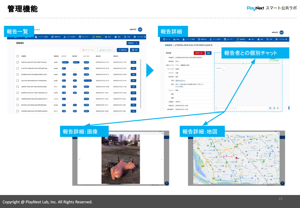 スマート公共ラボ活用事例セミナー。損傷報告機能の管理機能。スマート公共ラボは、LINE公式アカウントを活用し自治体業務のDXを実現できるサービス。広報のセグメント発信から、AIチャットボットを活用しごみ捨て情報など様々なお問合せをLINEで対応でき、また、コロナワクチン予約システムなどオンラインで各種申請、予約や、住民票のコピーなど決済まで完結できる電子申請など様々な自治体業務をデジタル化することができます。