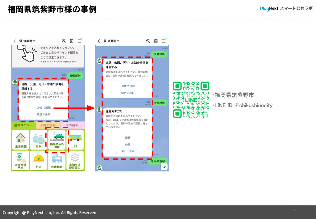 スマート公共ラボ活用事例セミナー。事例。福岡県筑紫野市。スマート公共ラボは、LINE公式アカウントを活用し自治体業務のDXを実現できるサービス。広報のセグメント発信から、AIチャットボットを活用しごみ捨て情報など様々なお問合せをLINEで対応でき、また、コロナワクチン予約システムなどオンラインで各種申請、予約や、住民票のコピーなど決済まで完結できる電子申請など様々な自治体業務をデジタル化することができます。