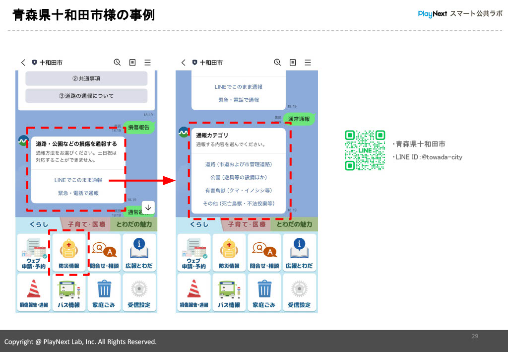 スマート公共ラボ活用事例セミナー。事例。青森県十和田市。スマート公共ラボは、LINE公式アカウントを活用し自治体業務のDXを実現できるサービス。広報のセグメント発信から、AIチャットボットを活用しごみ捨て情報など様々なお問合せをLINEで対応でき、また、コロナワクチン予約システムなどオンラインで各種申請、予約や、住民票のコピーなど決済まで完結できる電子申請など様々な自治体業務をデジタル化することができます。
