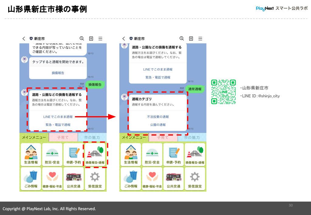スマート公共ラボ活用事例セミナー。事例。山形県新庄市。スマート公共ラボは、LINE公式アカウントを活用し自治体業務のDXを実現できるサービス。広報のセグメント発信から、AIチャットボットを活用しごみ捨て情報など様々なお問合せをLINEで対応でき、また、コロナワクチン予約システムなどオンラインで各種申請、予約や、住民票のコピーなど決済まで完結できる電子申請など様々な自治体業務をデジタル化することができます。