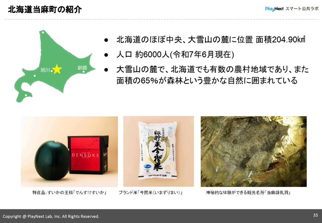 第24回スマート公共ラボ活用事例セミナー。北海道当麻町の事例。スマート公共ラボは、LINE公式アカウントを活用し自治体業務のDXを実現できるサービス。広報のセグメント発信から、AIチャットボットを活用しごみ捨て情報など様々なお問合せをLINEで対応でき、また、コロナワクチン予約システムなどオンラインで各種申請、予約や、住民票のコピーなど決済まで完結できる電子申請など様々な自治体業務をデジタル化することができます。